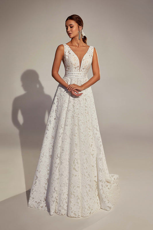 Floral A-Line V-Neck Sleeveless Long Wedding Dress ABERDEEN Ethereal by Olivia