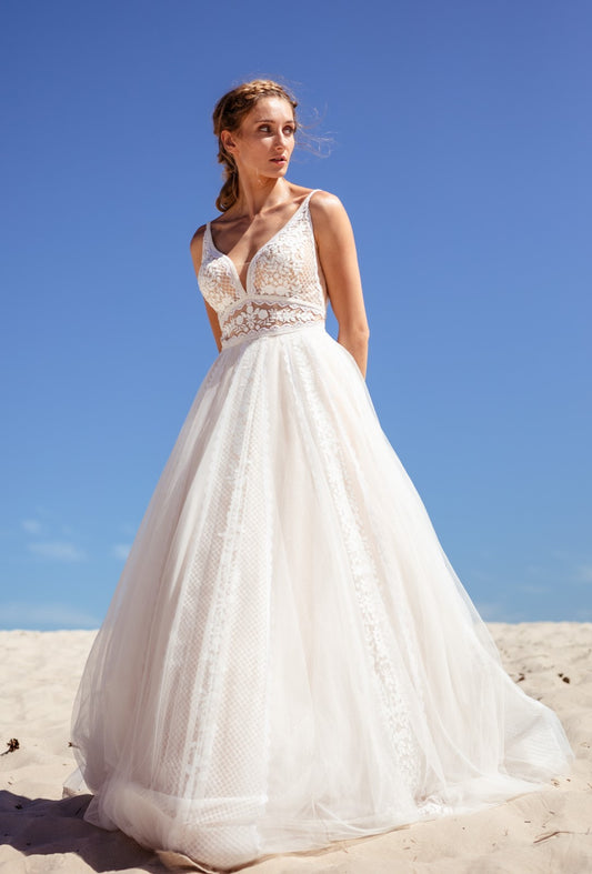 Lacy Boho Ball Gown V-Neck Sleeveless Long Wedding Dress ALMERIA | ETHEREAL BY OLIVIA