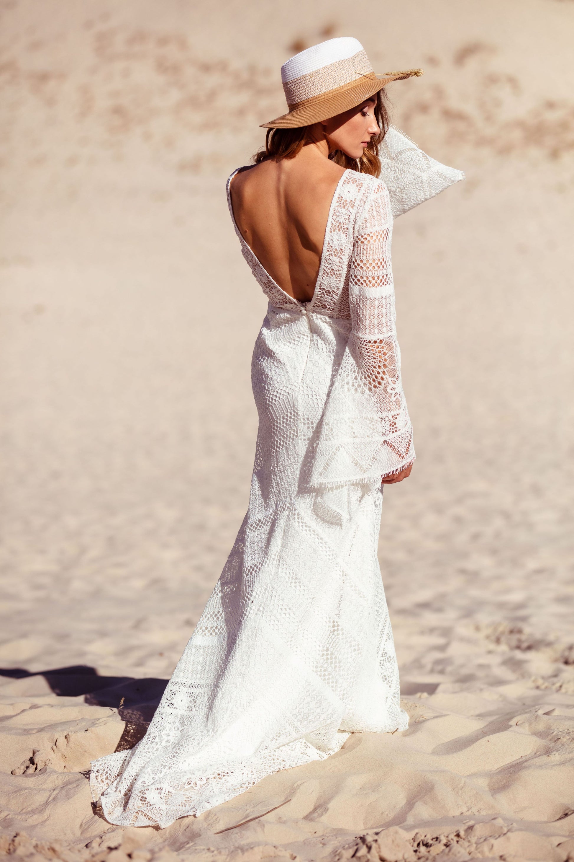 Boho Lacy V-Neck Long Sleeves Backless Wedding/Rehearsal Dinner Dress AVIGNON | ETHEREAL BY OLIVIA