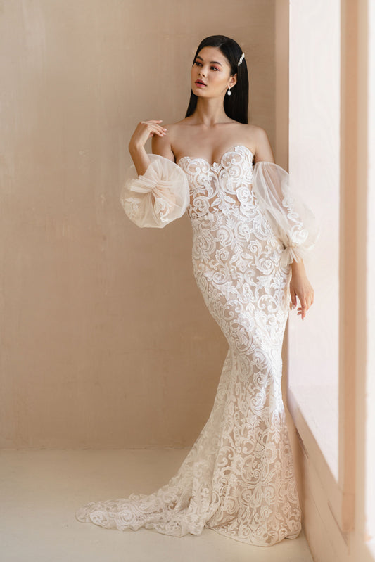 Floral Mermaid with Bulky Sleeves and Train Wedding Dress BARCELONA | ETHEREAL BY OLIVIA