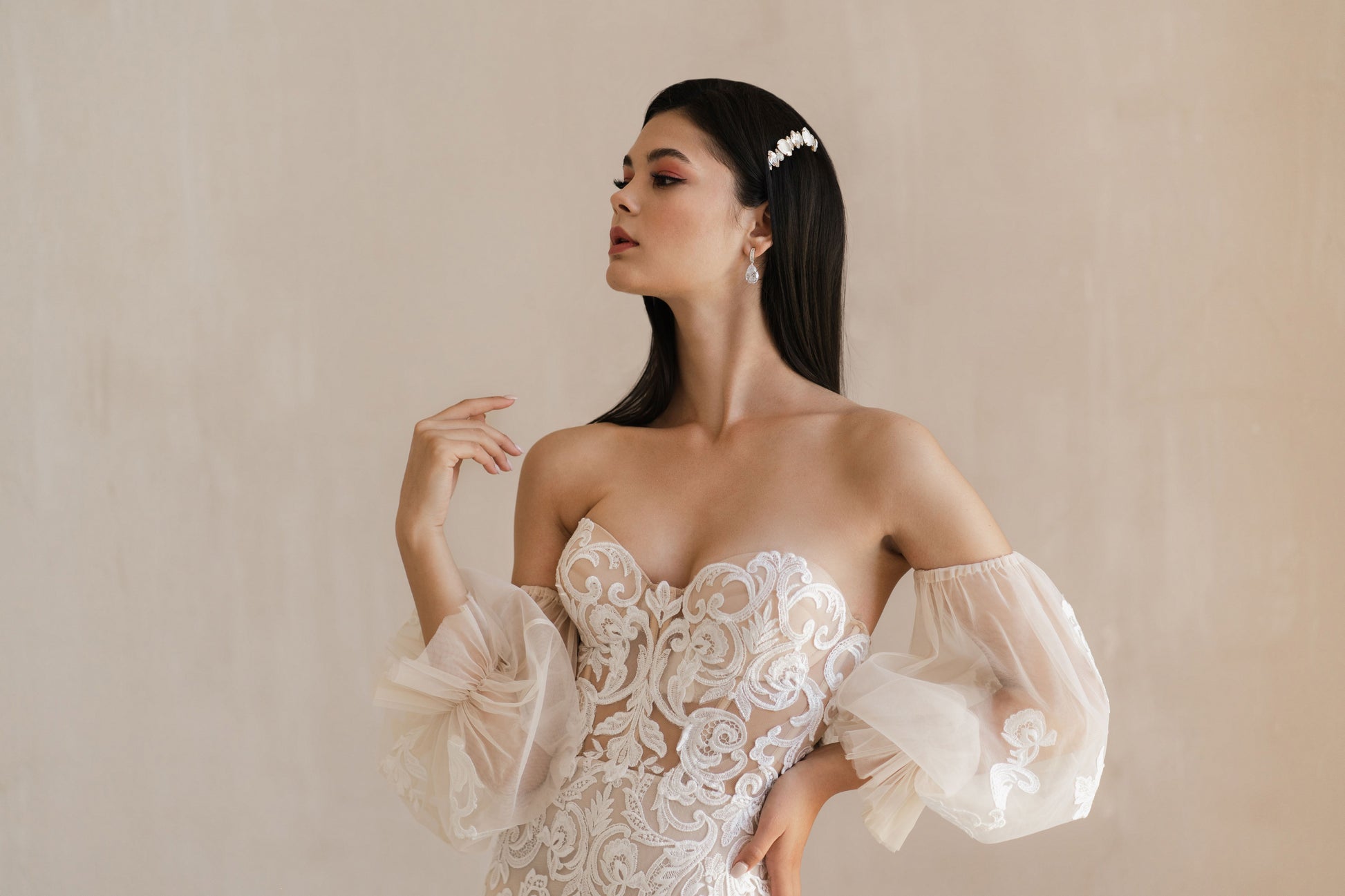 Floral Mermaid with Bulky Sleeves and Train Wedding Dress BARCELONA | ETHEREAL BY OLIVIA