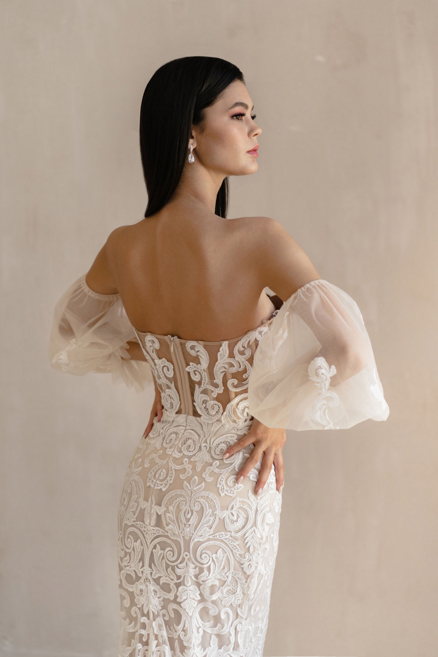 Floral Mermaid with Bulky Sleeves and Train Wedding Dress BARCELONA | ETHEREAL BY OLIVIA