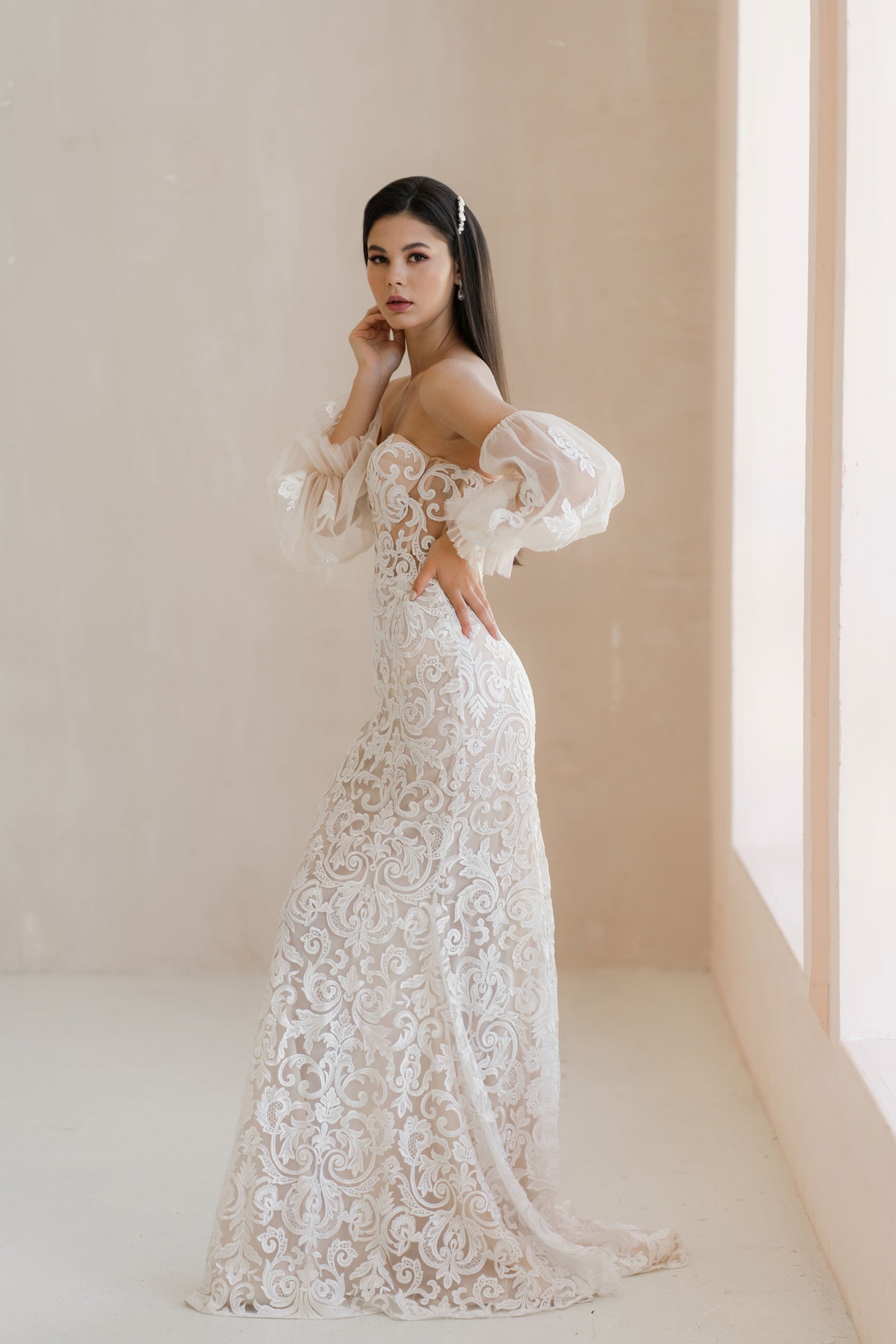 Floral Mermaid with Bulky Sleeves and Train Wedding Dress BARCELONA | ETHEREAL BY OLIVIA