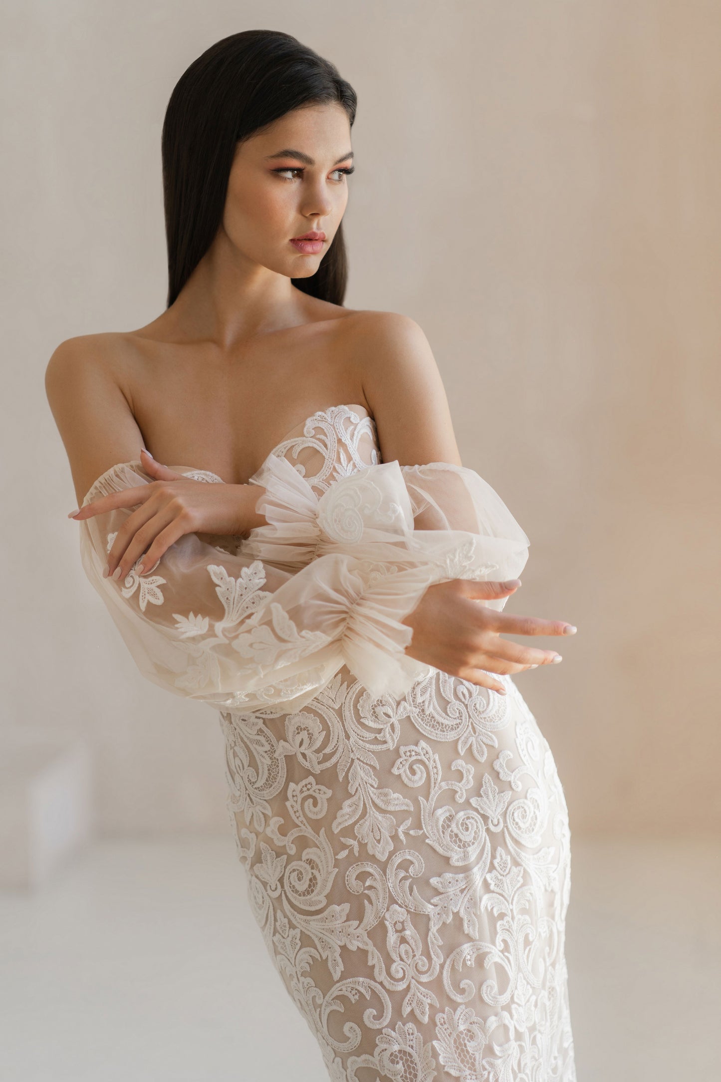 Floral Mermaid with Bulky Sleeves and Train Wedding Dress BARCELONA | ETHEREAL BY OLIVIA