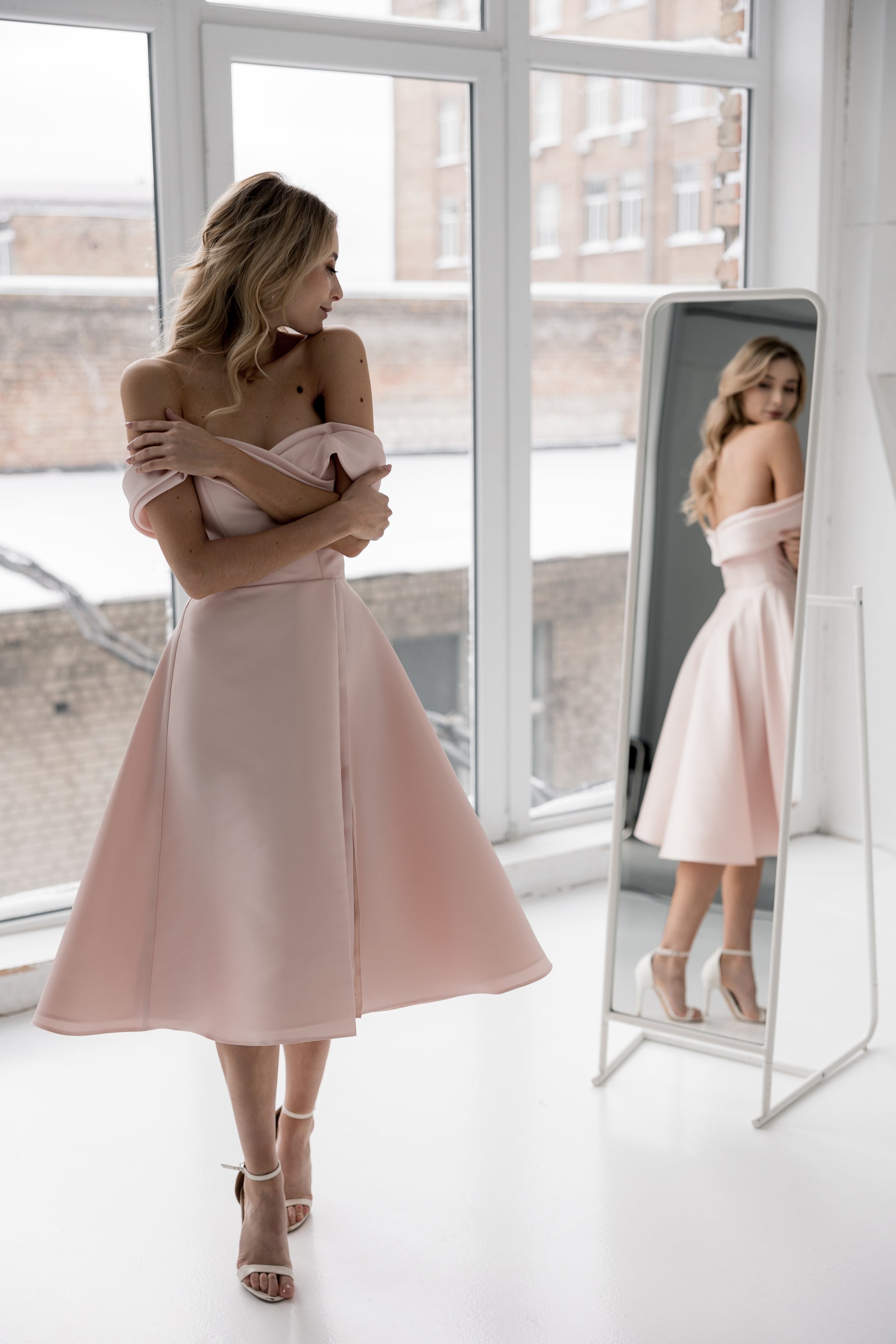 Pink Tea Length Off The Shoulder CLARA Rehearsal Dinner Dress ETHEREAL BY OLIVIA