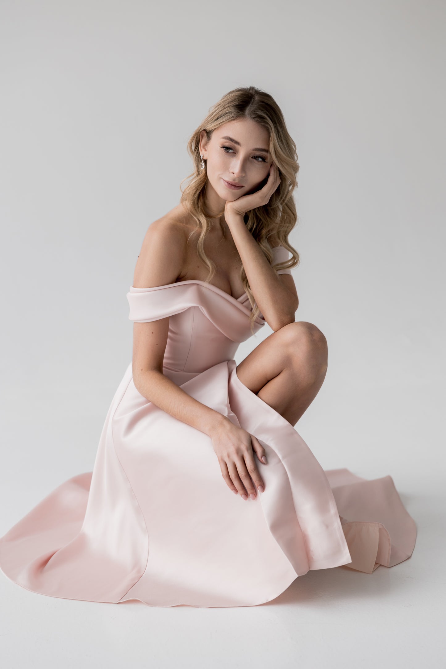 Pink Tea Length Off The Shoulder CLARA Rehearsal Dinner Dress ETHEREAL BY OLIVIA