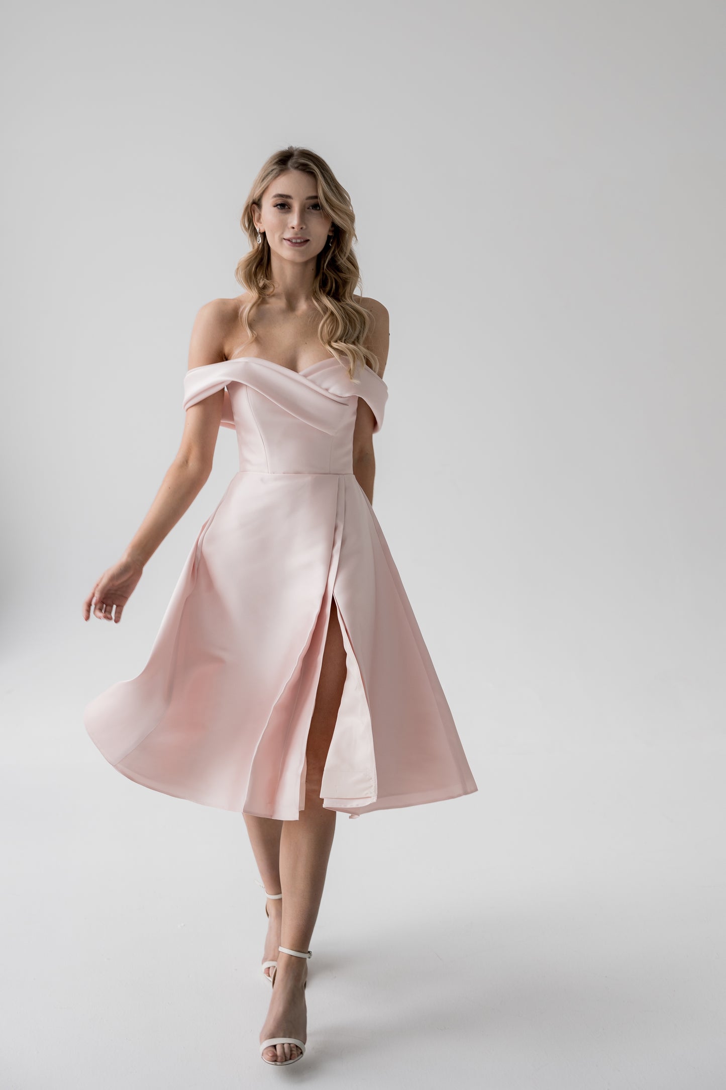 Pink Tea Length Off The Shoulder CLARA Rehearsal Dinner Dress ETHEREAL BY OLIVIA