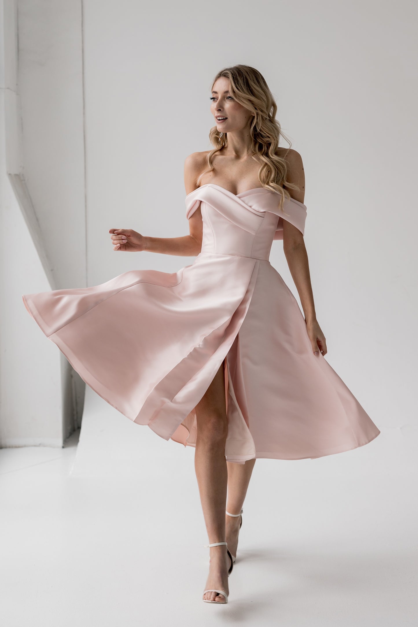 Pink Tea Length Off The Shoulder CLARA Rehearsal Dinner Dress ETHEREAL BY OLIVIA