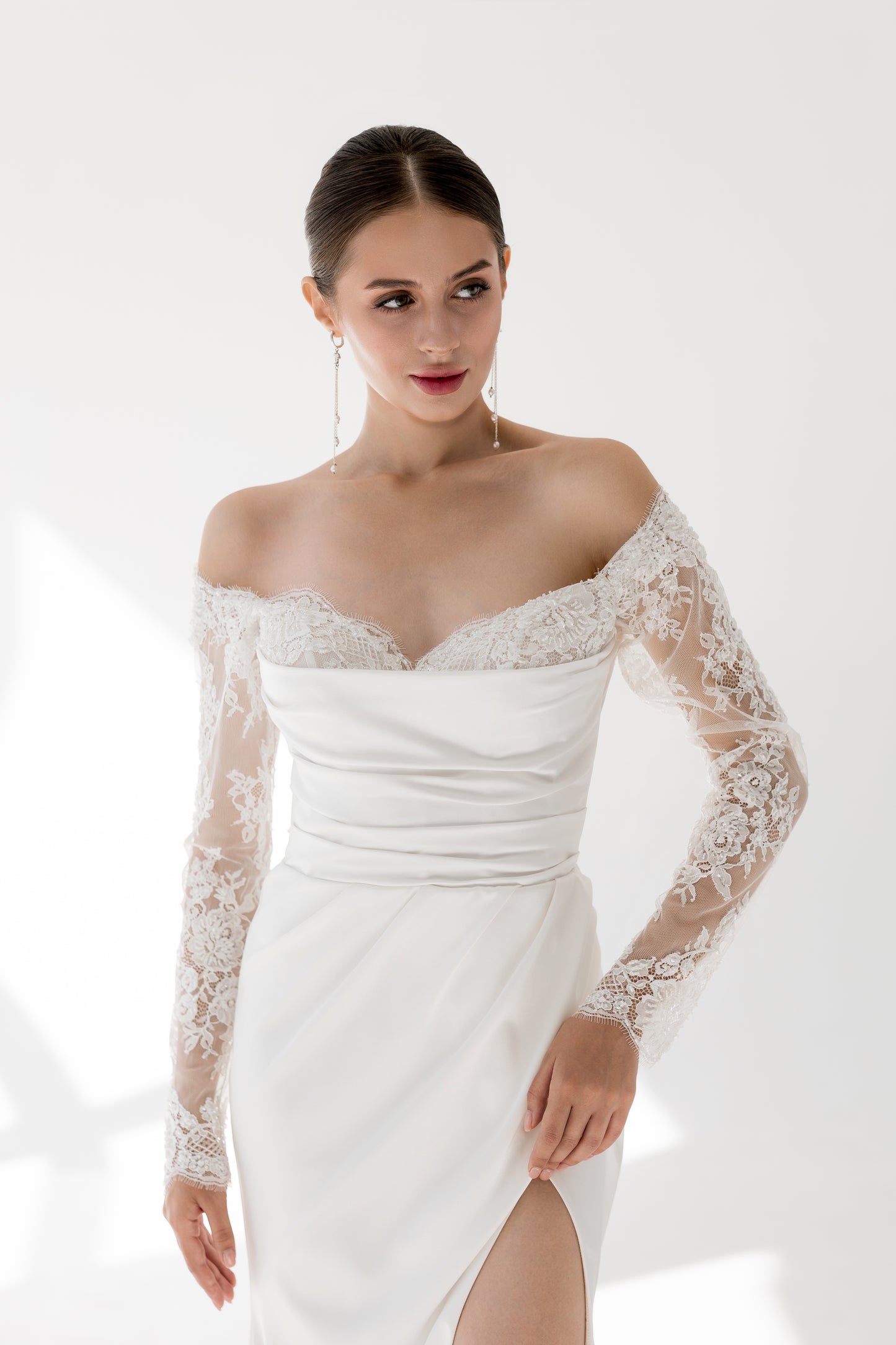 Modern wedding dress with attached lacy sleeves DAVOS