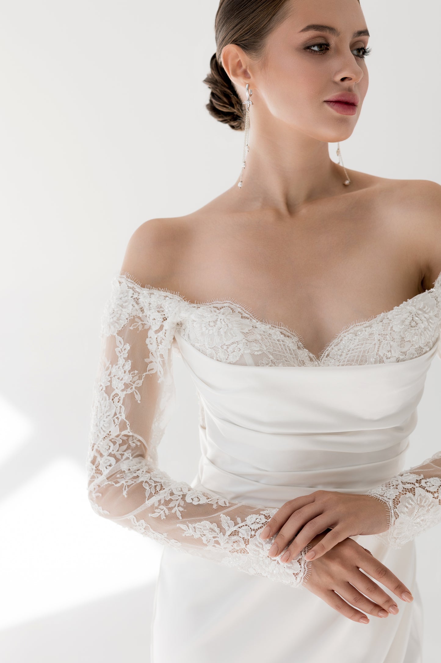 Modern wedding dress with attached lacy sleeves DAVOS