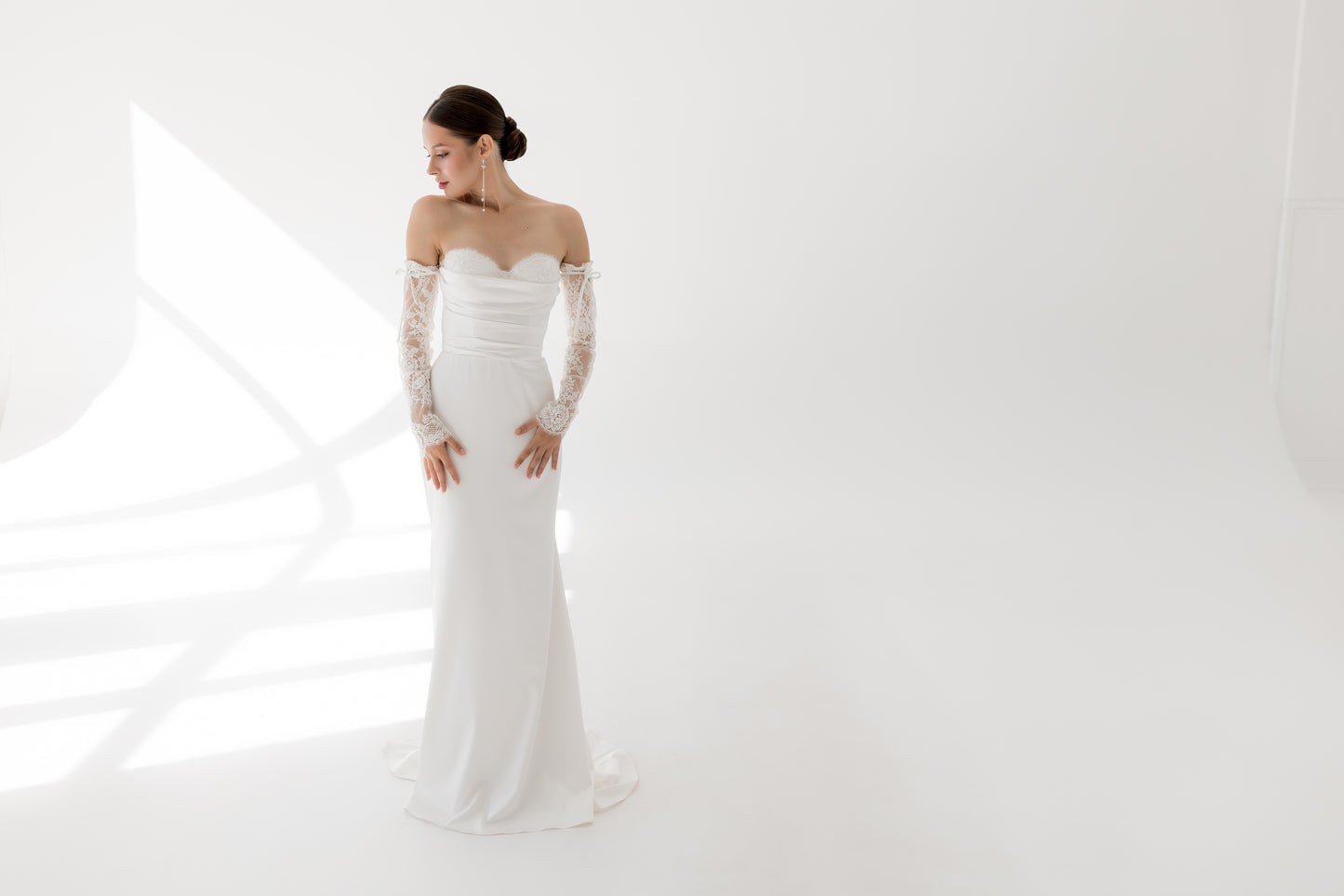 Modern wedding dress with attached lacy sleeves DAVOS