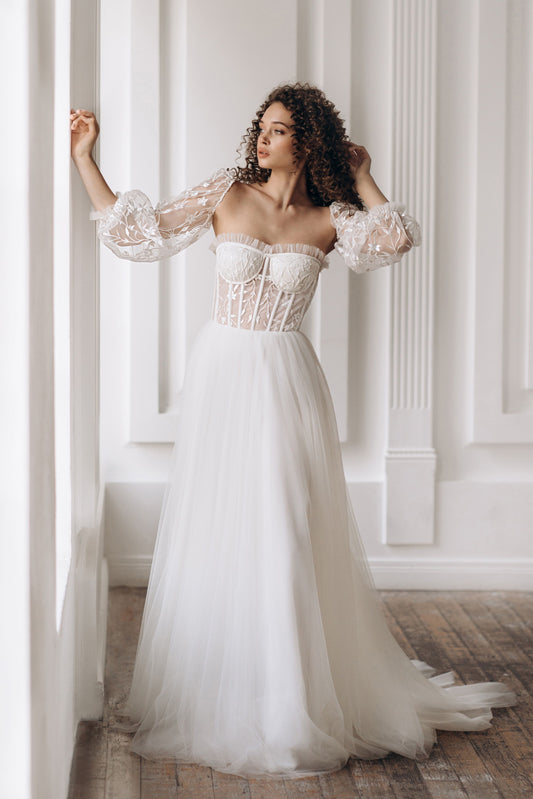 Floral Strapless Bulky Sleeves Wedding Dress DUNDEE ETHEREAL BY OLIVIA