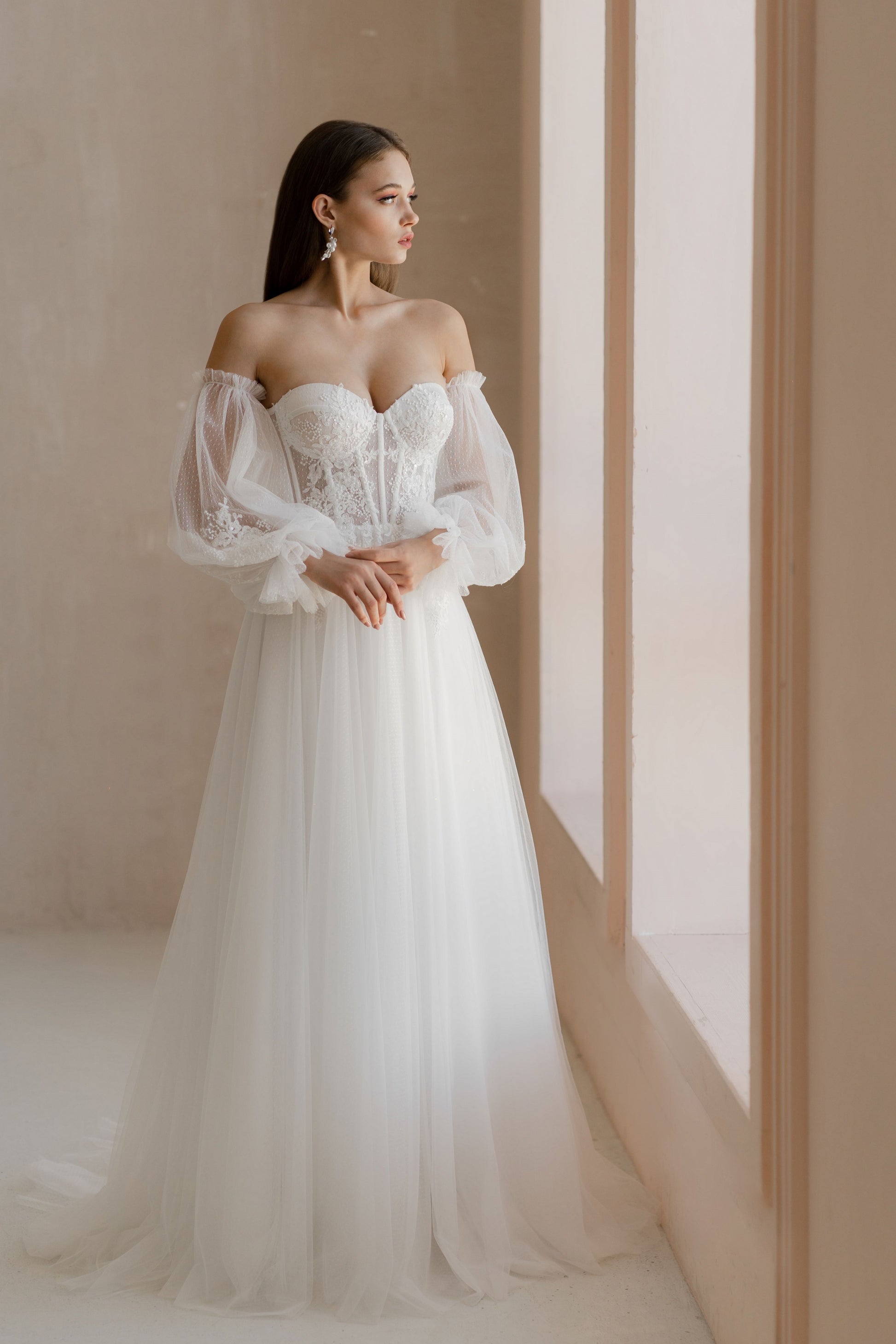 Elegant Strapless Bulky Sleeves Wedding Dress ESSEN | ETHEREAL BY OLIVIA