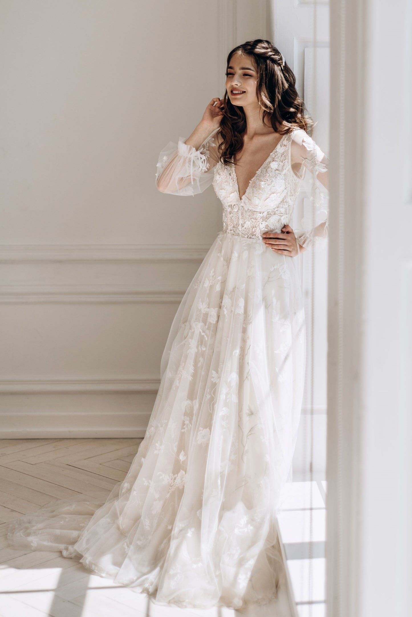 Floral V-Neck Long Sleeves Wedding Dress FLORENCE | ETHEREAL BY OLIVIA