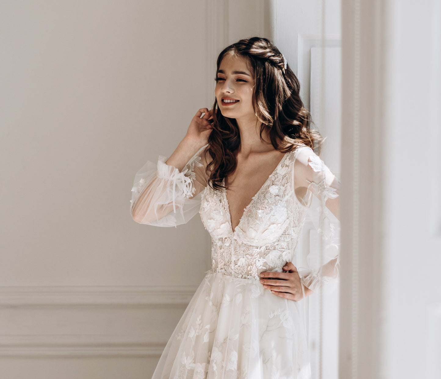 Floral V-Neck Long Sleeves Wedding Dress FLORENCE | ETHEREAL BY OLIVIA