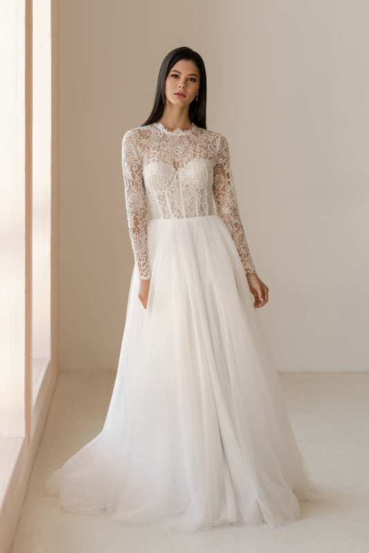 Lacy High Neck Long Sleeves Wedding Dress LIVERPOOL | ETHEREAL BY OLIVIA