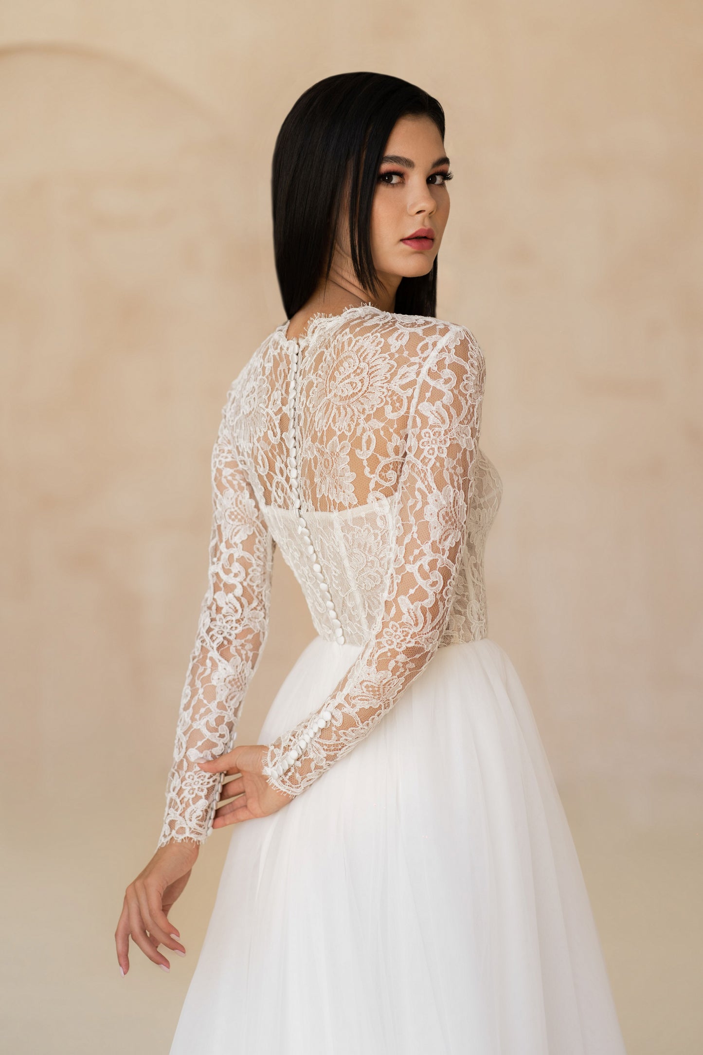 Lacy High Neck Long Sleeves Wedding Dress LIVERPOOL | ETHEREAL BY OLIVIA