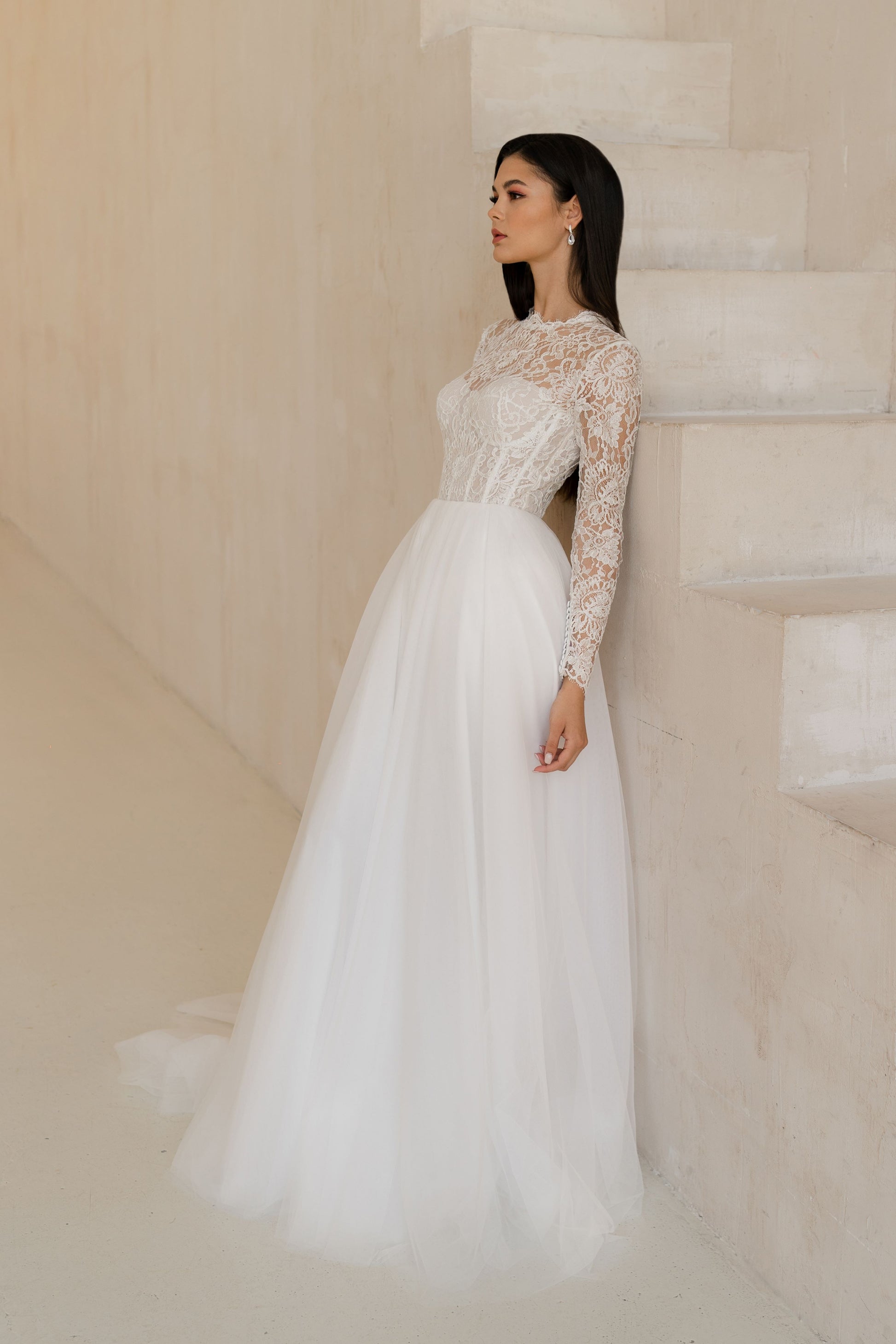 Lacy High Neck Long Sleeves Wedding Dress LIVERPOOL | ETHEREAL BY OLIVIA