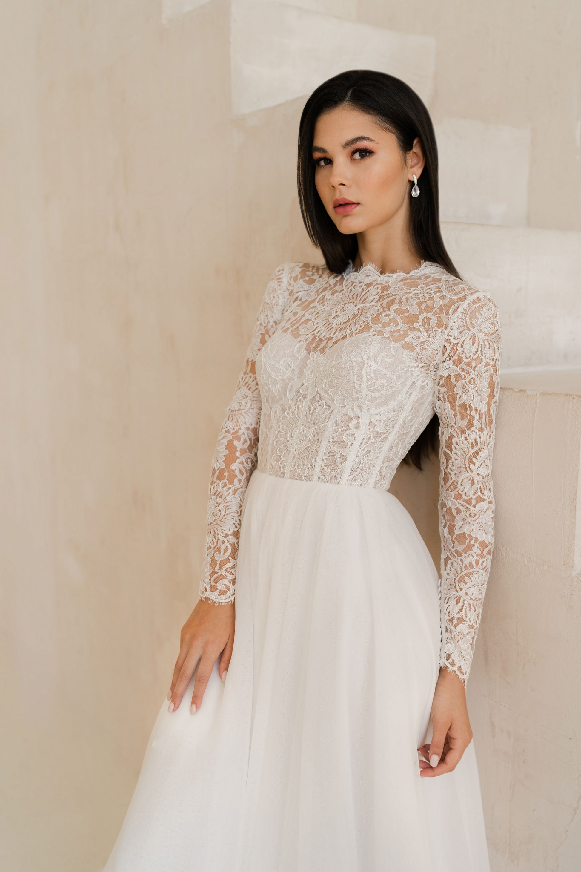 Lacy High Neck Long Sleeves Wedding Dress LIVERPOOL | ETHEREAL BY OLIVIA