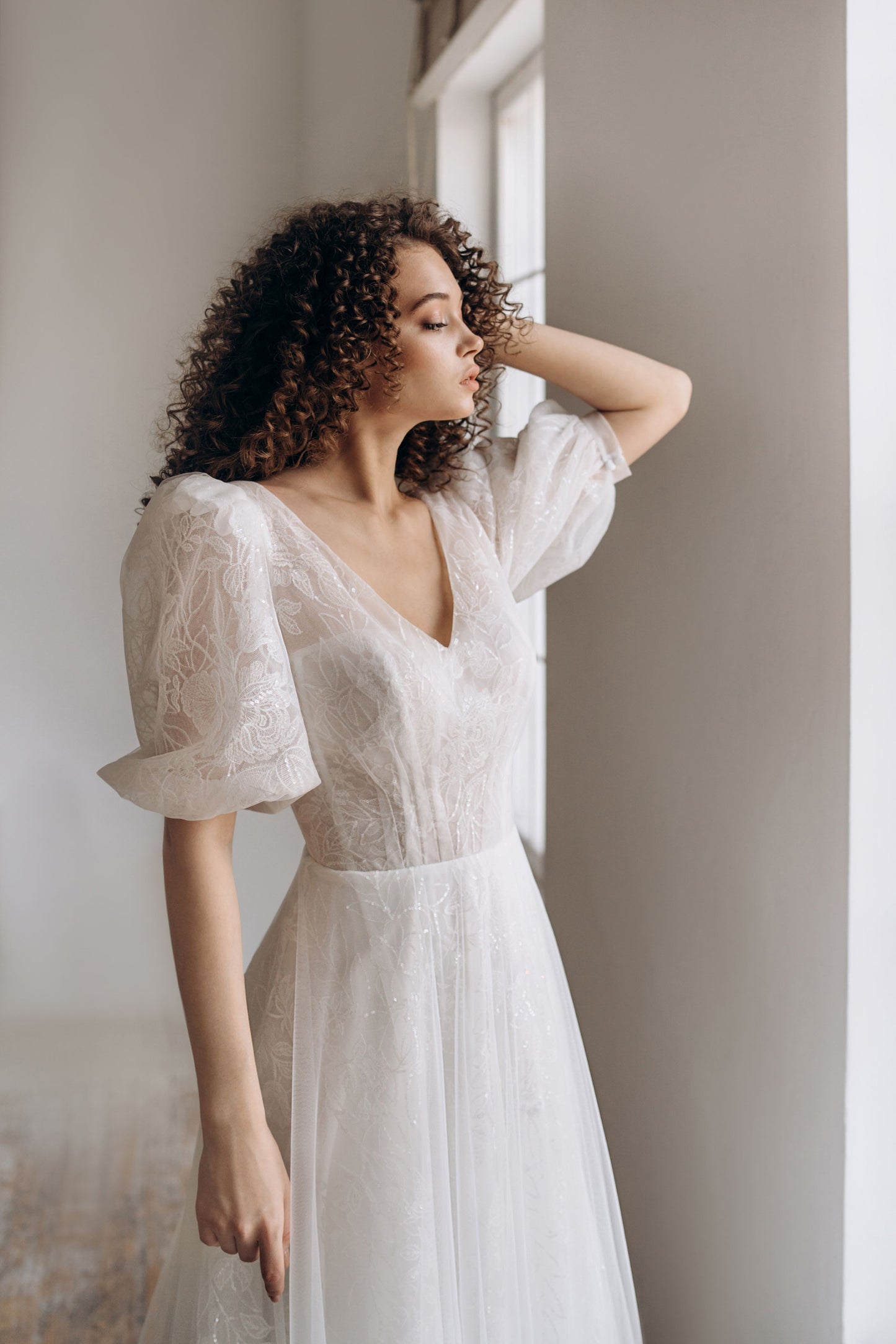 Lacy V-Neck Bulky Sleeves Wedding Dress LONDON | ETHEREAL BY OLIVIA