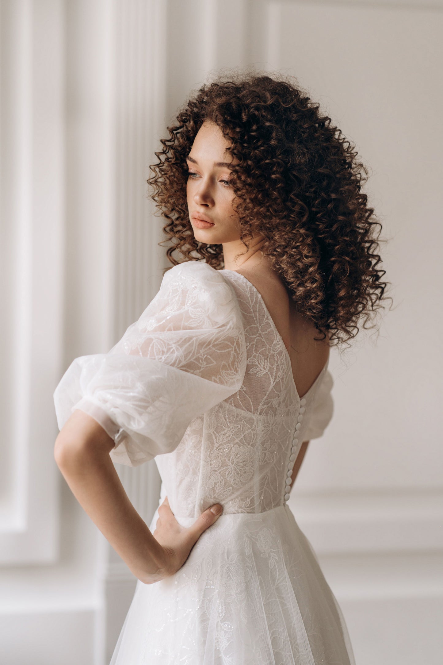 Lacy V-Neck Bulky Sleeves Wedding Dress LONDON | ETHEREAL BY OLIVIA