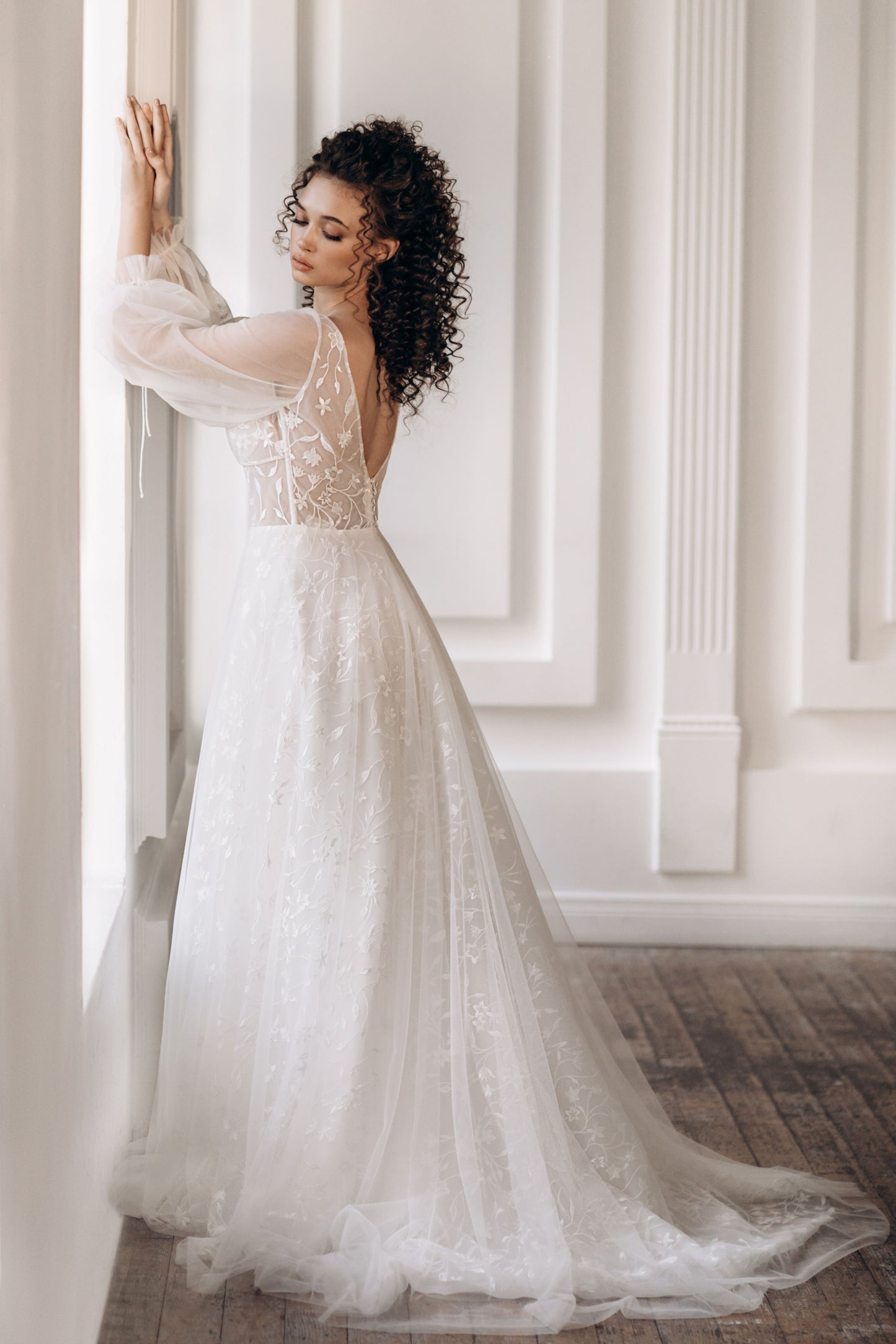 Floral V-Neck Long Sleeves Wedding Dress MADRID | ETHEREAL BY OLIVIA