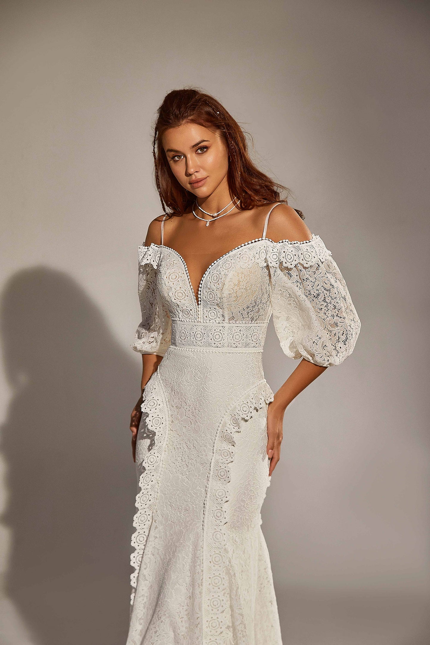 Boho Lacy Off the Shoulder Wedding Dress MURCIA | ETHEREAL BY OLIVIA