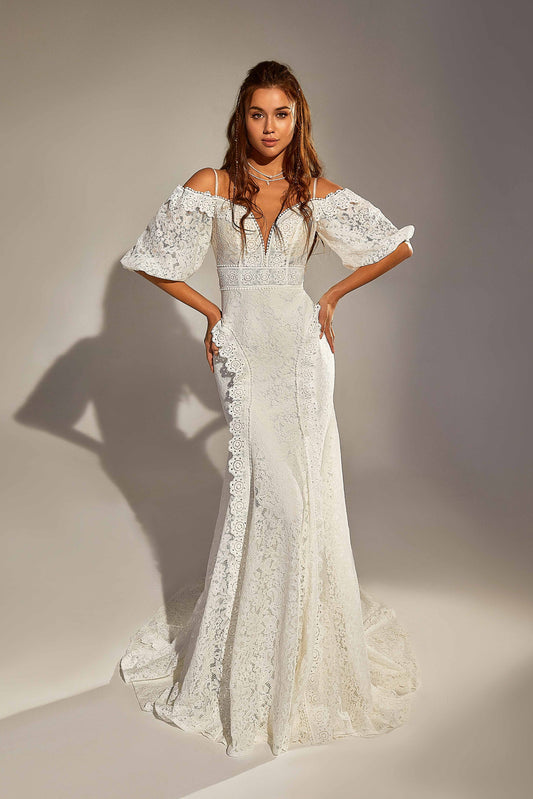 Boho Lacy Off the Shoulder Wedding Dress MURCIA | ETHEREAL BY OLIVIA