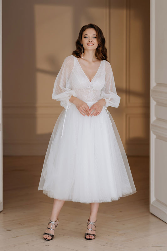 Tulle Tea Length Bulky Sleeves Wedding Dress VALENCIA | ETHEREAL BY OLIVIA