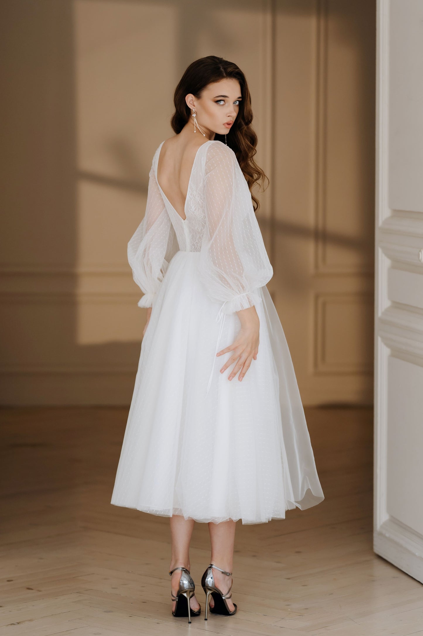 Tulle Tea Length Bulky Sleeves Wedding Dress VALENCIA | ETHEREAL BY OLIVIA