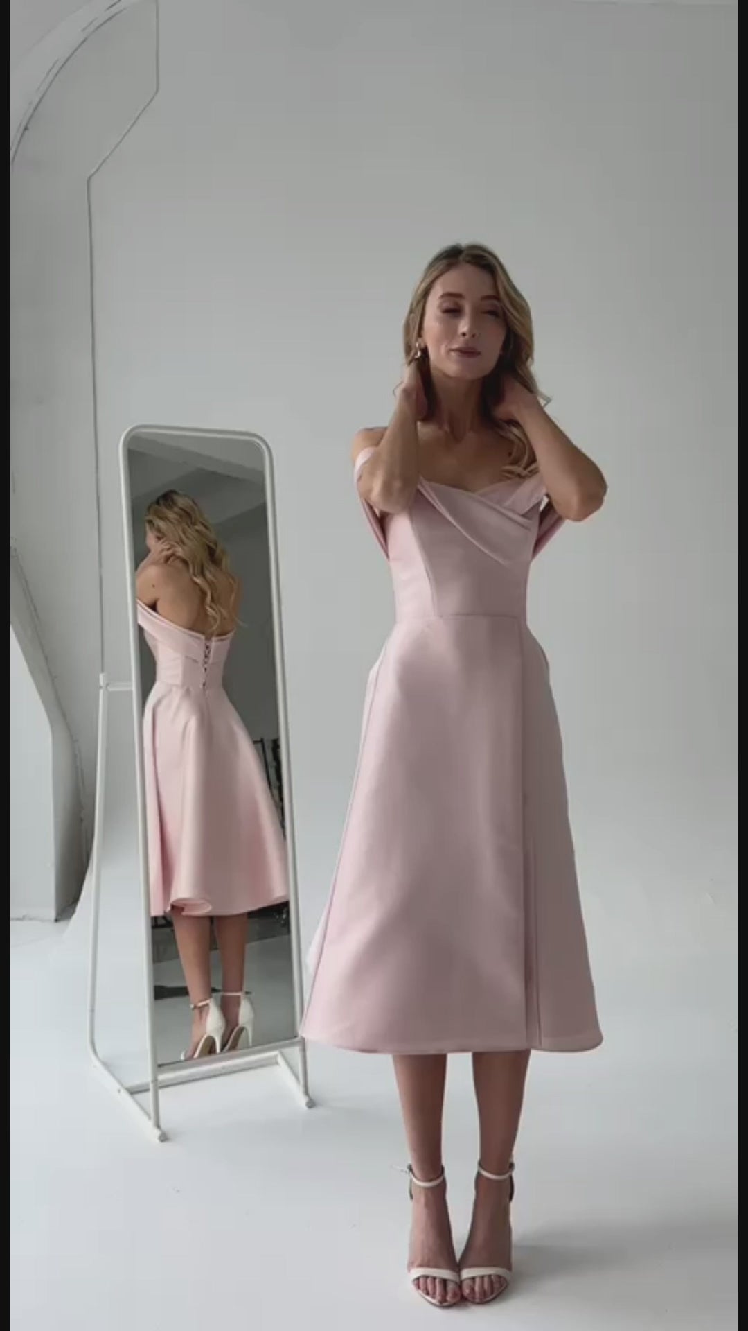 Pink Tea Length Off The Shoulder CLARA Rehearsal Dinner Dress ETHEREAL BY OLIVIA